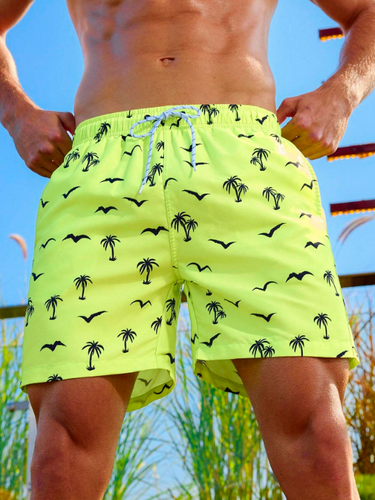 Manfinity Swimmode Men's Elastic Waist Coconut Tree Printed Beach Shorts