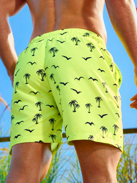 Manfinity Swimmode Men's Elastic Waist Coconut Tree Printed Beach Shorts