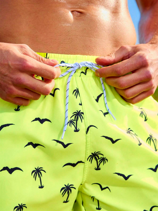 Manfinity Swimmode Men's Elastic Waist Coconut Tree Printed Beach Shorts