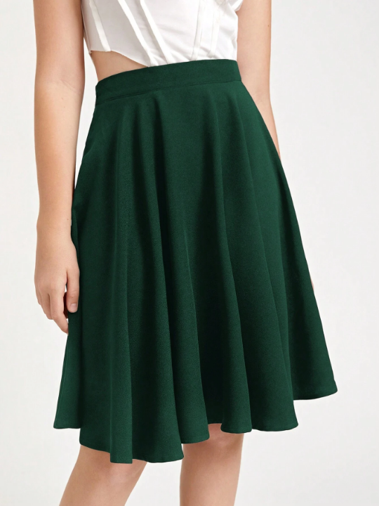 Teen Girls' Woven High Waist A-Line Elegant Midi Skirt