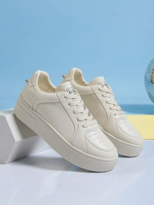 Spring/Autumn Casual Thick-Soled High Heel Lace-Up Women's White Sneakers