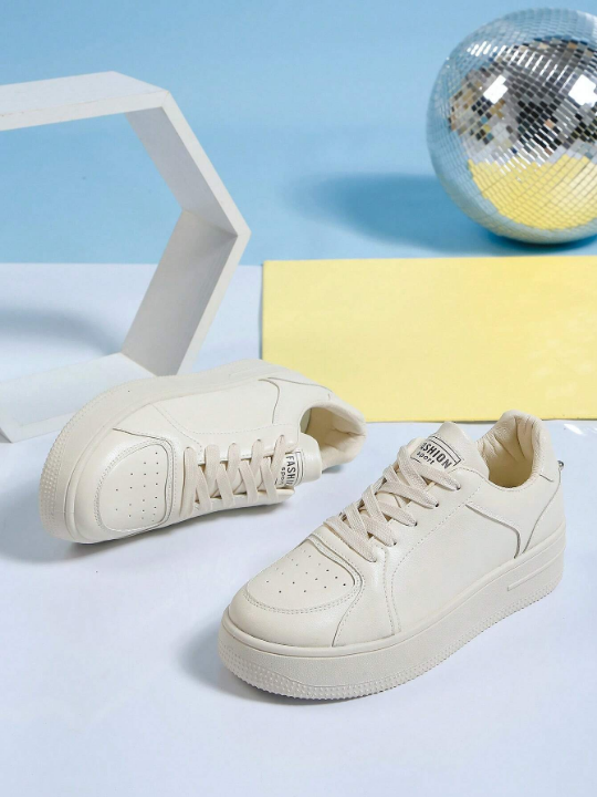 Spring/Autumn Casual Thick-Soled High Heel Lace-Up Women's White Sneakers