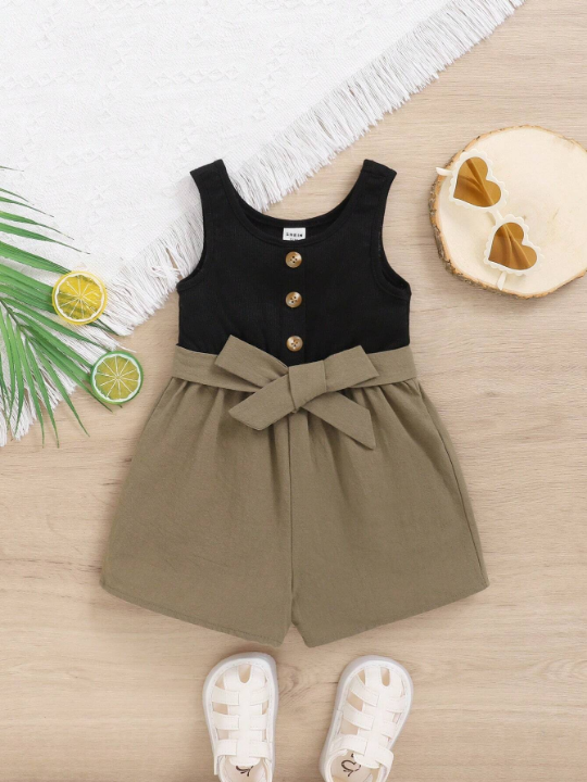 Baby Girl Casual And Comfortable Metal Button Jointed Belted Romper