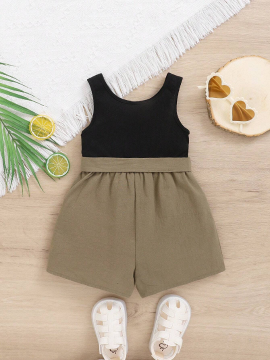 Baby Girl Casual And Comfortable Metal Button Jointed Belted Romper