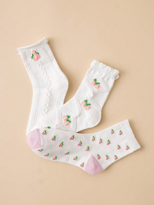 3pairs/Set Women's Floral Pattern Rolled Cuff Mid-Calf Socks