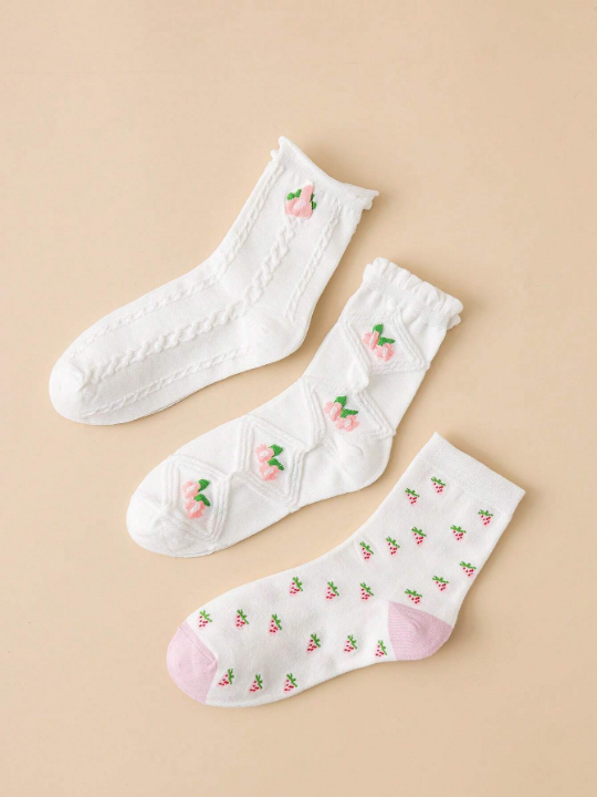 3pairs/Set Women's Floral Pattern Rolled Cuff Mid-Calf Socks