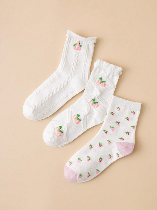 3pairs/Set Women's Floral Pattern Rolled Cuff Mid-Calf Socks