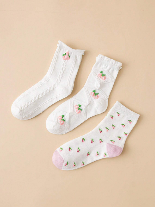 3pairs/Set Women's Floral Pattern Rolled Cuff Mid-Calf Socks