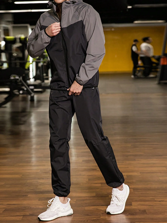 Men's Sauna Suit Two Piece Set Of Color Block Hoodie And Pants For Workout