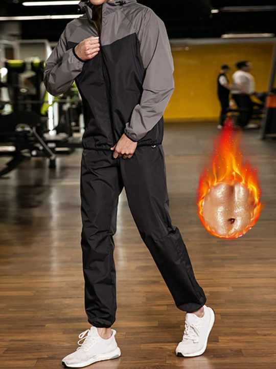 Men's Sauna Suit Two Piece Set Of Color Block Hoodie And Pants For Workout