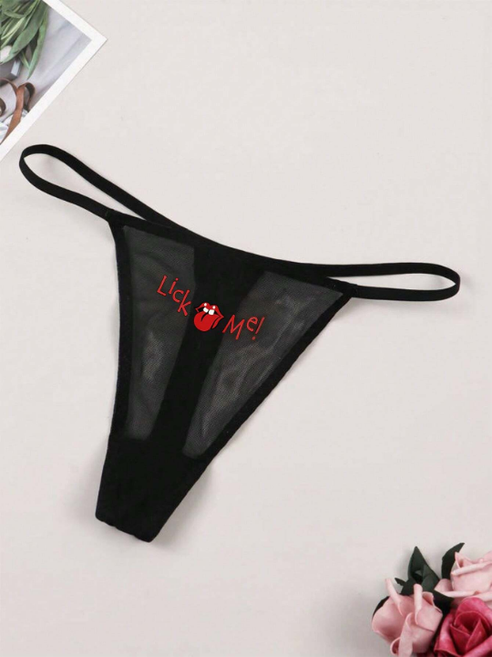 Women's Sexy Thin Semi-Transparent Letter & Lips Pattern Thong Underwear