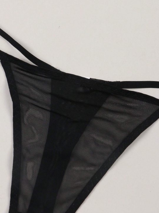 Sexy Thin Alphabet & Portrait Patterned Thong With Sheer Mesh Detail