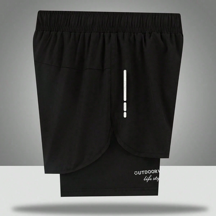 Men's Quick-Dry Training Shorts With Built-In Compression Shorts, 2 In 1, Summer Black Shorts