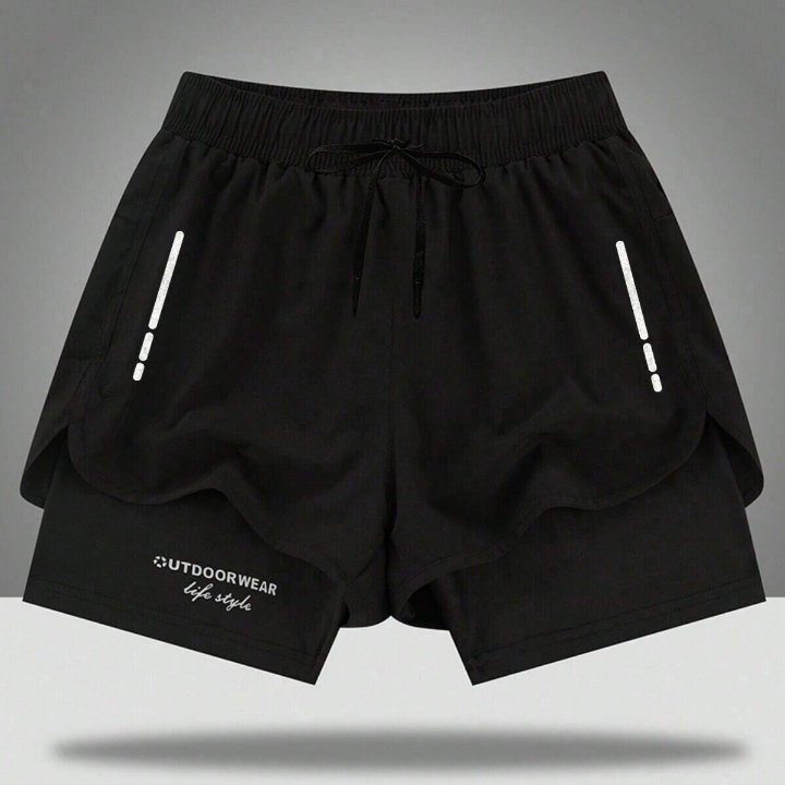 Men's Quick-Dry Training Shorts With Built-In Compression Shorts, 2 In 1, Summer Black Shorts