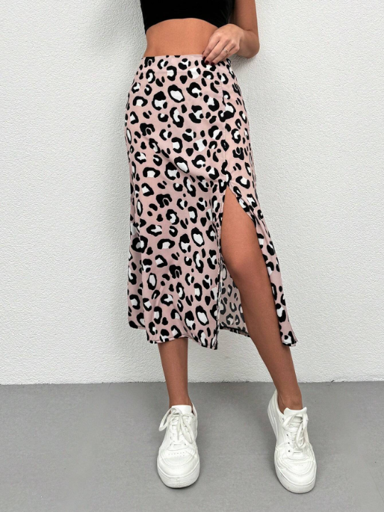 Frenchy Leopard Print High Slit Midi Skirt