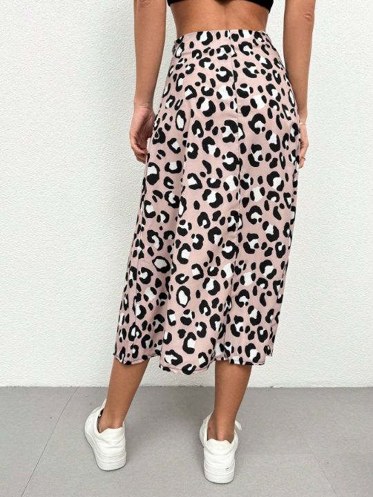 Frenchy Leopard Print High Slit Midi Skirt