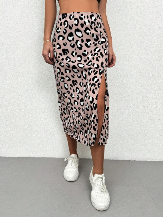 Frenchy Leopard Print High Slit Midi Skirt