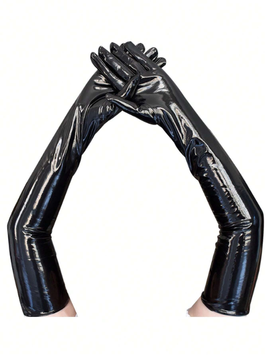 2PCS Shiny Black Long Leather Gloves For Women | Stylish Punk Style Dance Gloves For Party | Versatile And Stretchable