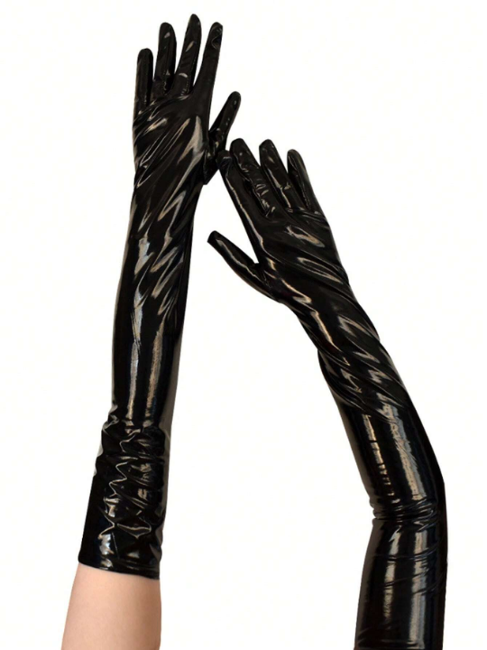 2PCS Shiny Black Long Leather Gloves For Women | Stylish Punk Style Dance Gloves For Party | Versatile And Stretchable