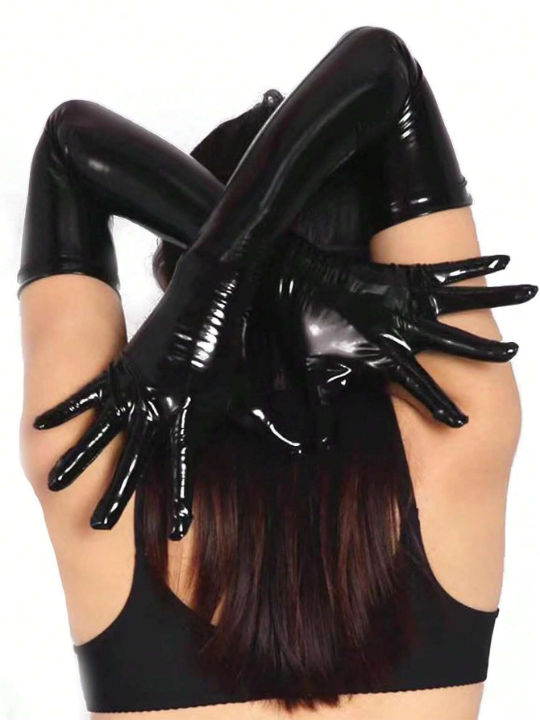 2PCS Shiny Black Long Leather Gloves For Women | Stylish Punk Style Dance Gloves For Party | Versatile And Stretchable