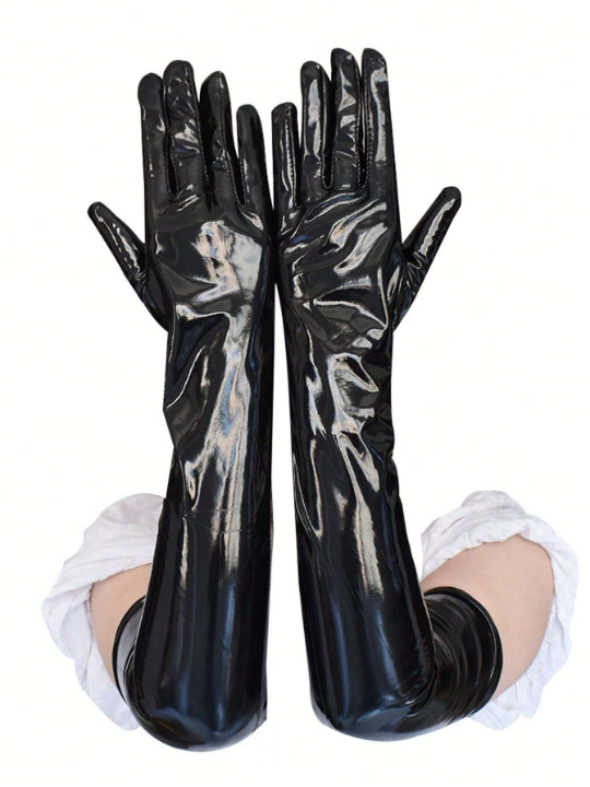 2PCS Shiny Black Long Leather Gloves For Women | Stylish Punk Style Dance Gloves For Party | Versatile And Stretchable