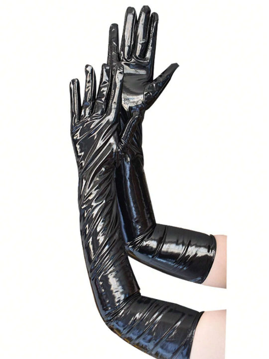 2PCS Shiny Black Long Leather Gloves For Women | Stylish Punk Style Dance Gloves For Party | Versatile And Stretchable