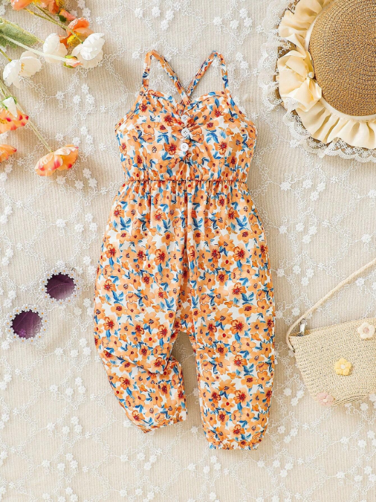 Baby Girl Floral Printed Backless Cross Cami Jumpsuit