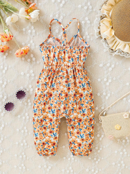 Baby Girl Floral Printed Backless Cross Cami Jumpsuit