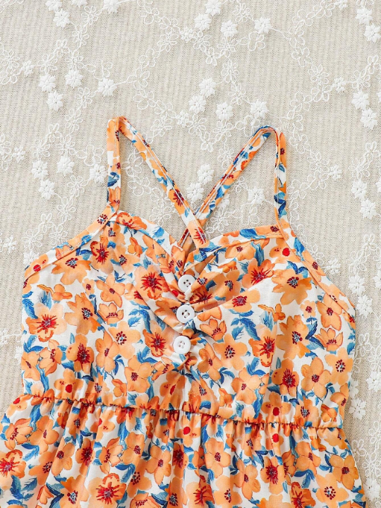 Baby Girl Floral Printed Backless Cross Cami Jumpsuit