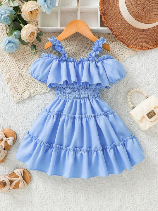 Baby Girl's Off Shoulder Short Sleeve Dress With Frill Hem