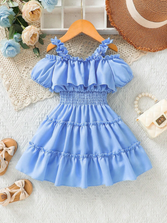 Baby Girl's Off Shoulder Short Sleeve Dress With Frill Hem