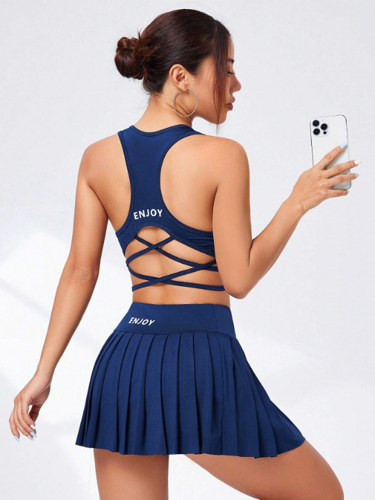 Daily&Casual Letter Print Round Neck Sleeveless Top & Pleated Skirt Sports Two Piece Set