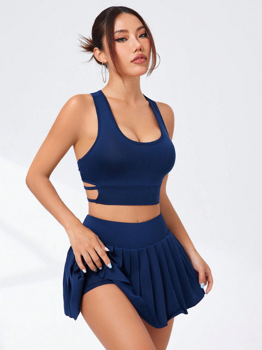 Daily&Casual Letter Print Round Neck Sleeveless Top & Pleated Skirt Sports Two Piece Set