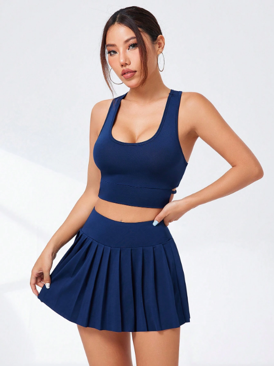 Daily&Casual Letter Print Round Neck Sleeveless Top & Pleated Skirt Sports Two Piece Set