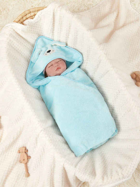 1pc Cartoon Animal Coral Fleece Baby Swaddle Blanket, Bathrobe, Hooded Towel, Outdoor Blanket, Multi-Purpose Cover