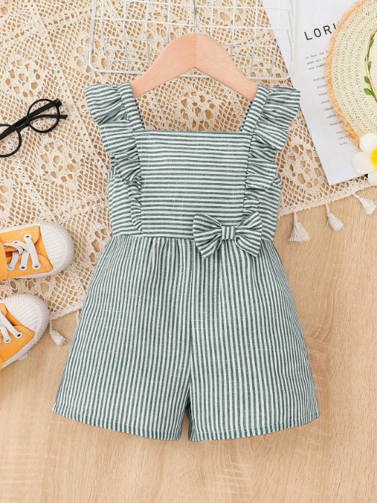 Baby Girl Casual Striped Dress With Ruffle Hem And Bowknot Decoration