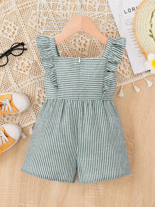 Baby Girl Casual Striped Dress With Ruffle Hem And Bowknot Decoration