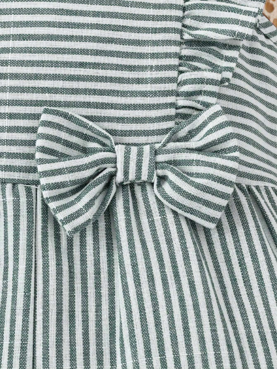 Baby Girl Casual Striped Dress With Ruffle Hem And Bowknot Decoration