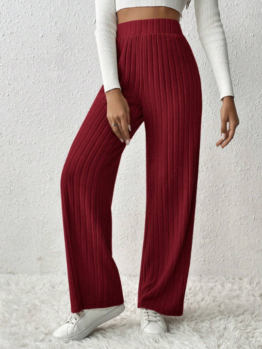 Frenchy Solid Color Ribbed Straight Leg Pants