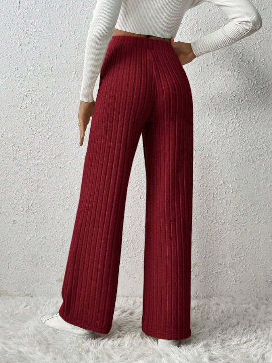 Frenchy Solid Color Ribbed Straight Leg Pants