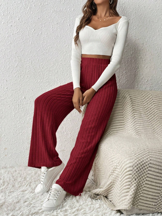 Frenchy Solid Color Ribbed Straight Leg Pants