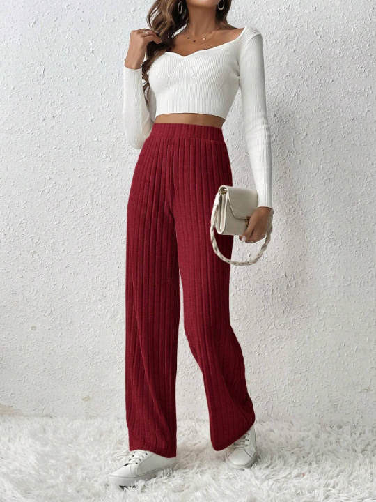 Frenchy Solid Color Ribbed Straight Leg Pants