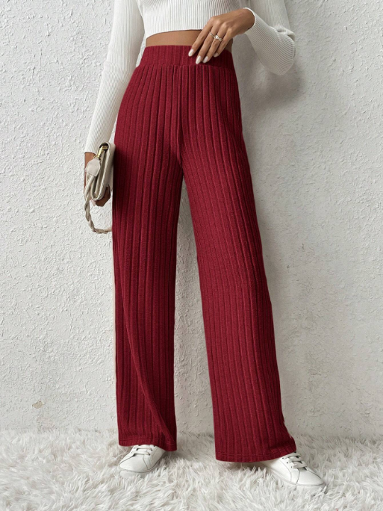 Frenchy Solid Color Ribbed Straight Leg Pants