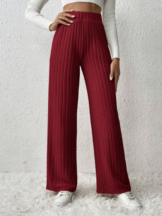 Frenchy Solid Color Ribbed Straight Leg Pants