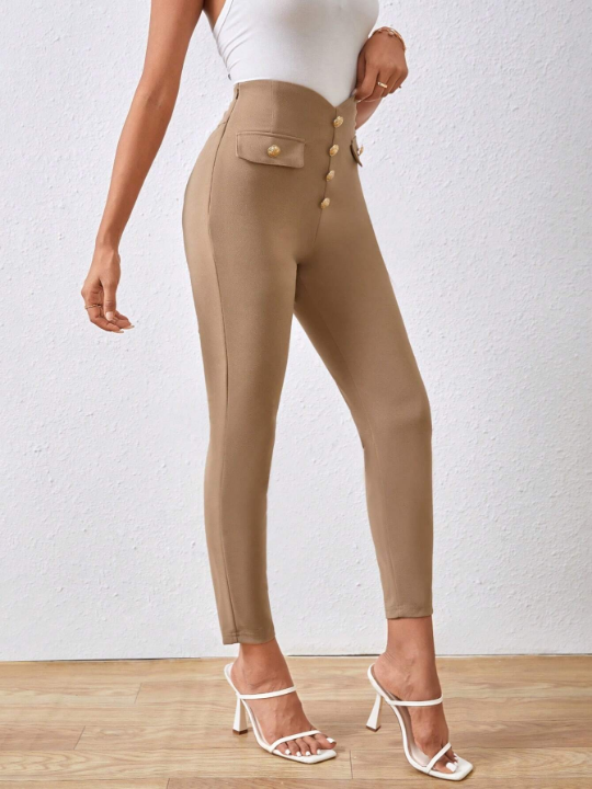 Priv Solid Color Skinny Pants With Button Details