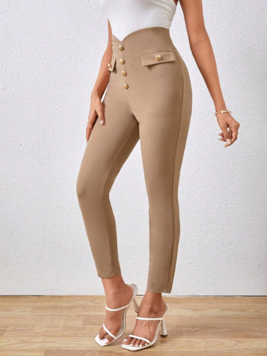 Priv Solid Color Skinny Pants With Button Details