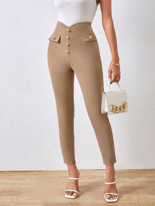 Priv Solid Color Skinny Pants With Button Details