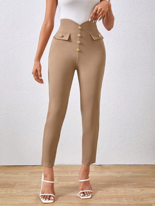 Priv Solid Color Skinny Pants With Button Details