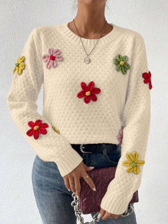 Essnce Women's 3d Flower Decorated Round Neck Sweater