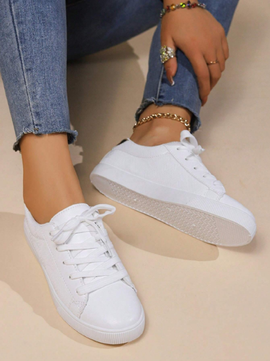 New Spring Fashionable Solid Color Flat Casual Sports Shoes For Women, White, Suitable For Campus Style